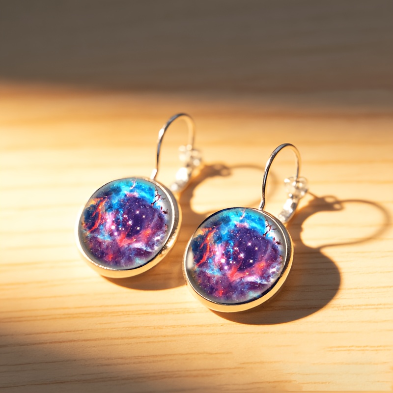 2pcs Round Glass Inlaid Base Earrings, Cosmic Nebula Design